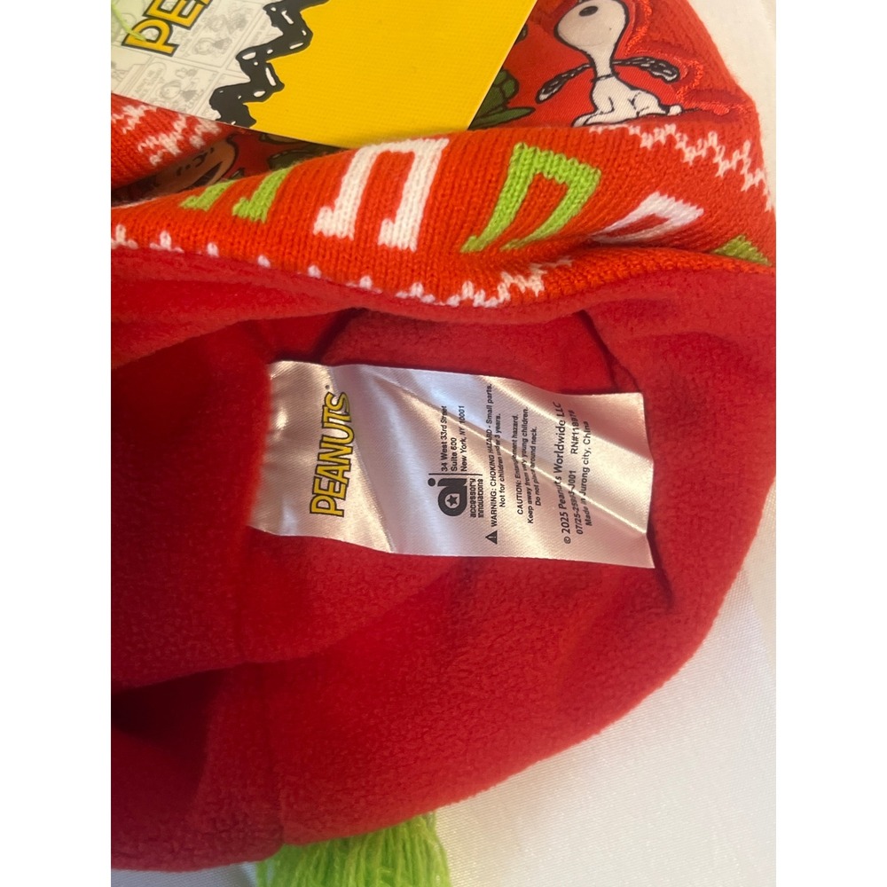 Peanuts Holiday Christmas Charlie Brown Snoopy Beanie Hat with Pompom and Braids - Picture 3 of 5